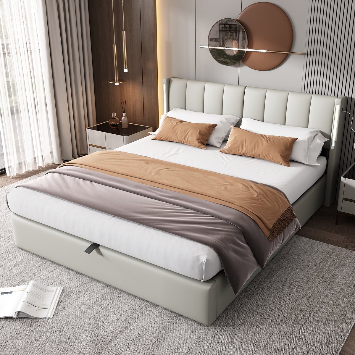 Gestoffeerd Bed 180x200 Cm - LED Bed Met USB-C, Hydraulische Opbergruimte En Hoofdbord Grijs