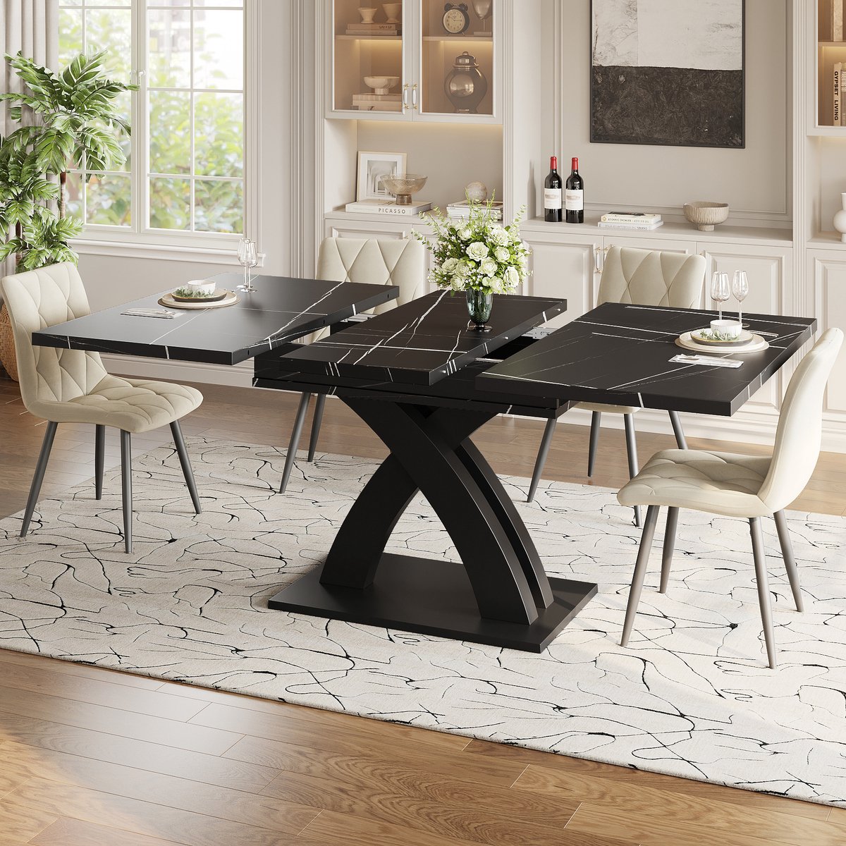 KOMHTOM - Uitschuifbare Eettafel - Houten Tafel - 120/160 x 80 x 76 cm - Zwart Gelakt - Voor Eetkamers, Keukens en Terrassen - Geschikt voor Maximaal 6 Personen