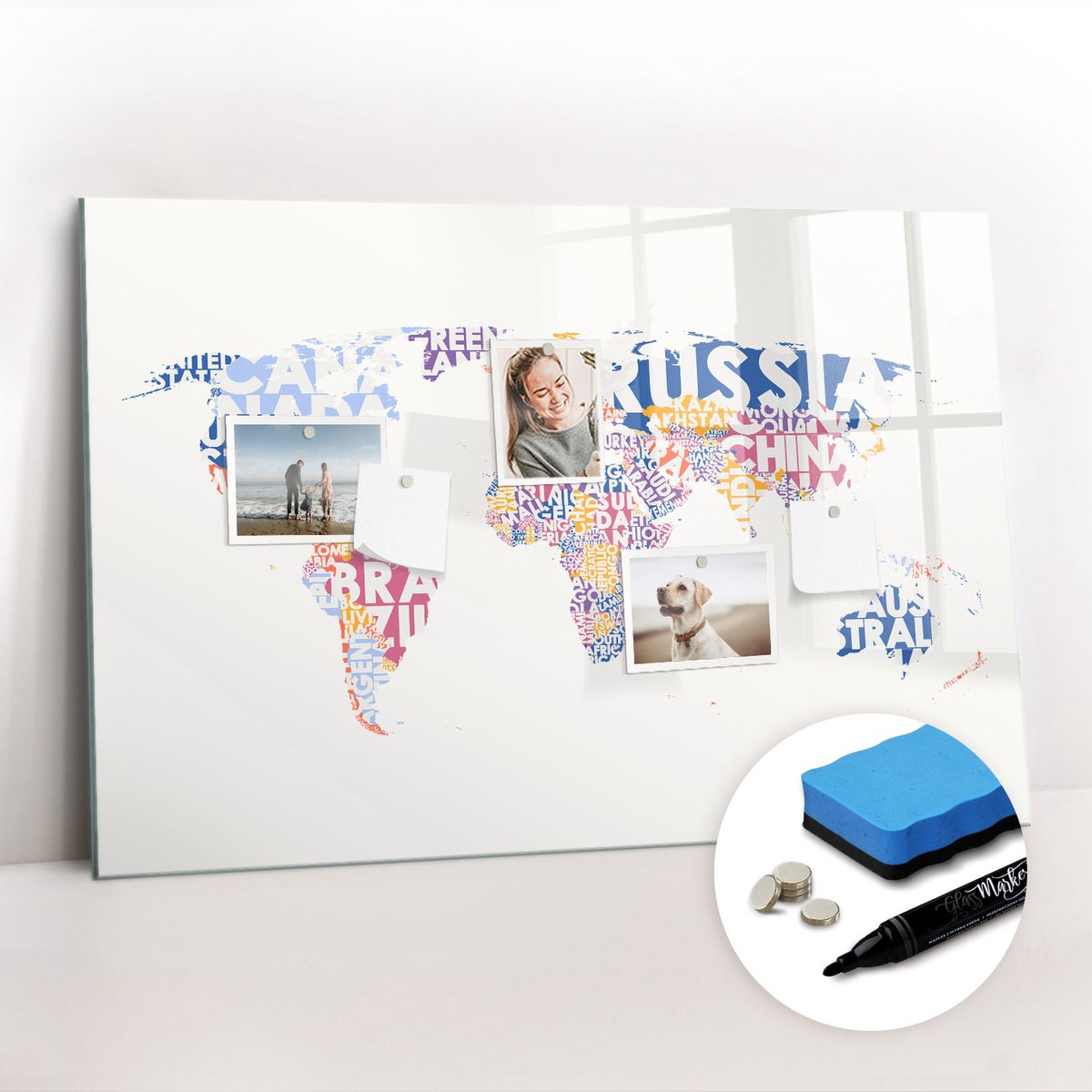 Tulup Whitebord - Wereldkaart landen - 90 x 60 cm - Veelkleurig Metalen magneetborden met lijst - Gratis 5 Sterke Magneten + Whiteboard Marker & Wisser - Moderne Wanddecoratie - Magnetic Board - Organiseer Je Bureau
