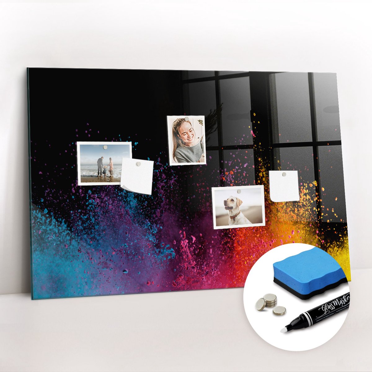 Tulup Whitebord - Een explosie van kleuren - 90 x 60 cm - Veelkleurig Magnetisch Memobord - Gratis 5 Sterke Magneten + Whiteboard Marker & Wisser - Stylish Memo Board - Magnetisch Memobord - Notitiebord Werkplek