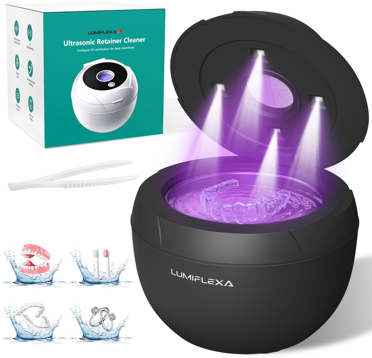 SnelShoppen - Ultrasoon Reinigingsapparaat 45000 Hz met 4 UV-lampen, 200 ml voor Kunstgebitten, Aligners, Tandenborstelkoppen en Sieraden - Zwart