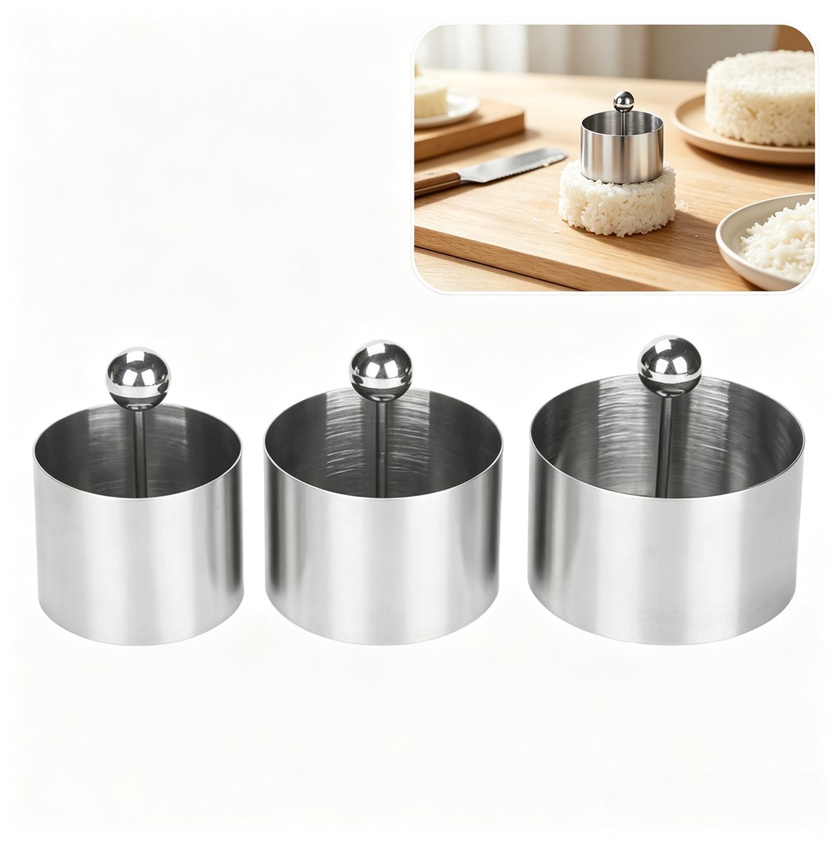 3-delige set - roestvast staart taartvorm - rijstbal vorm en mousse dessert ring - met duwstang en opbergdoos - groot/midden/klein 3-delig pakket - thuis bakken voor kaas taart en zoete nagerechten