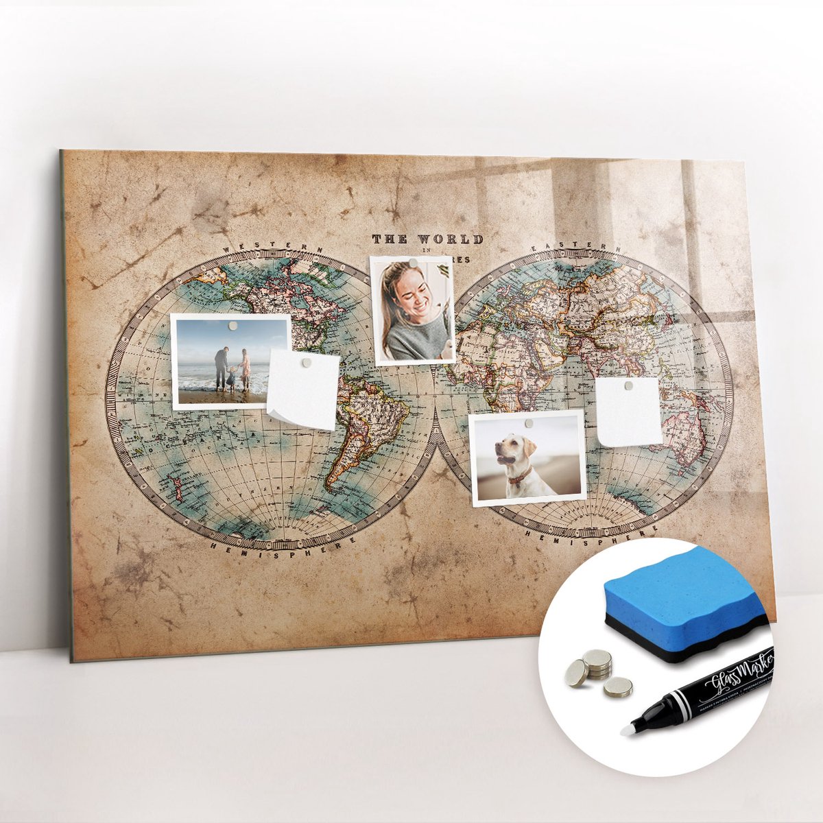 Tulup Whitebord - Wereldbolkaart - 90 x 60 cm - Bruin Magnet Board - Gratis 5 Sterke Magneten + Whiteboard Marker & Wisser - Scandinavisch Design Bord - Magnetisch Wandbord - Organiseer Je Bureau