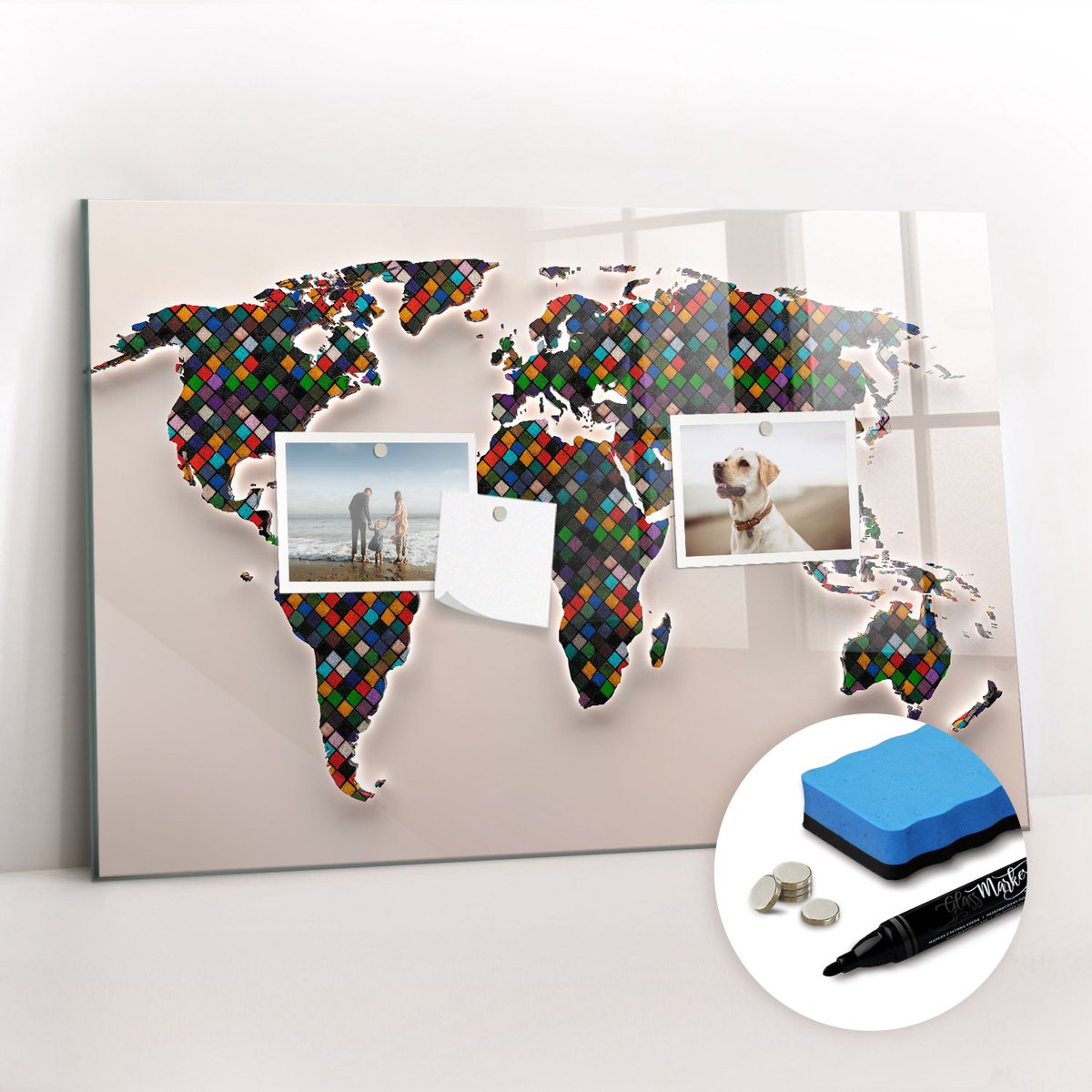 Tulup Whitebord - Moderne wereldkaart - 60 x 40 cm - Veelkleurig Memo Magneetbord - Gratis 5 Sterke Magneten + Whiteboard Marker & Wisser - Organizer Muur - Memo Bord - Notitiebord Werkplek