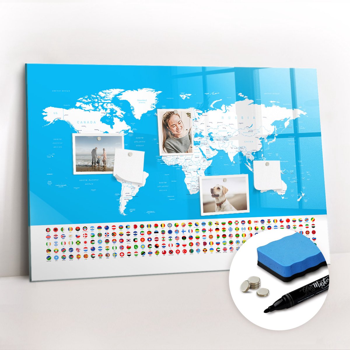 Tulup Whitebord - Overzichtskaart van landen - 90 x 60 cm - Blauw Memo Bord - Gratis 5 Sterke Magneten + Whiteboard Marker & Wisser - Interieur Accessoires Kantoor - Memobord Keuken - Productiviteit Tools