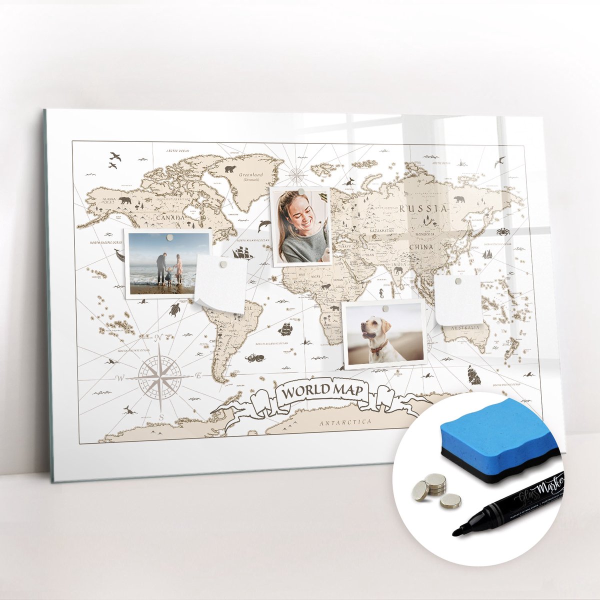 Tulup Whitebord - Vintage wereldkaart - 90 x 60 cm - Wit Memobord Glas - Gratis 5 Sterke Magneten + Whiteboard Marker & Wisser - Organizer Muur - Magnet Board - Organiseer Je Bureau