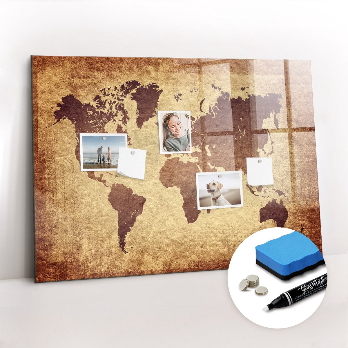 Tulup Whitebord - Oude wereldkaart - 100 x 70 cm - Bruin Memobord Glas - Gratis 5 Sterke Magneten + Whiteboard Marker & Wisser - Stylish Memo Board - Memobord Keuken - Notitiebord Werkplek