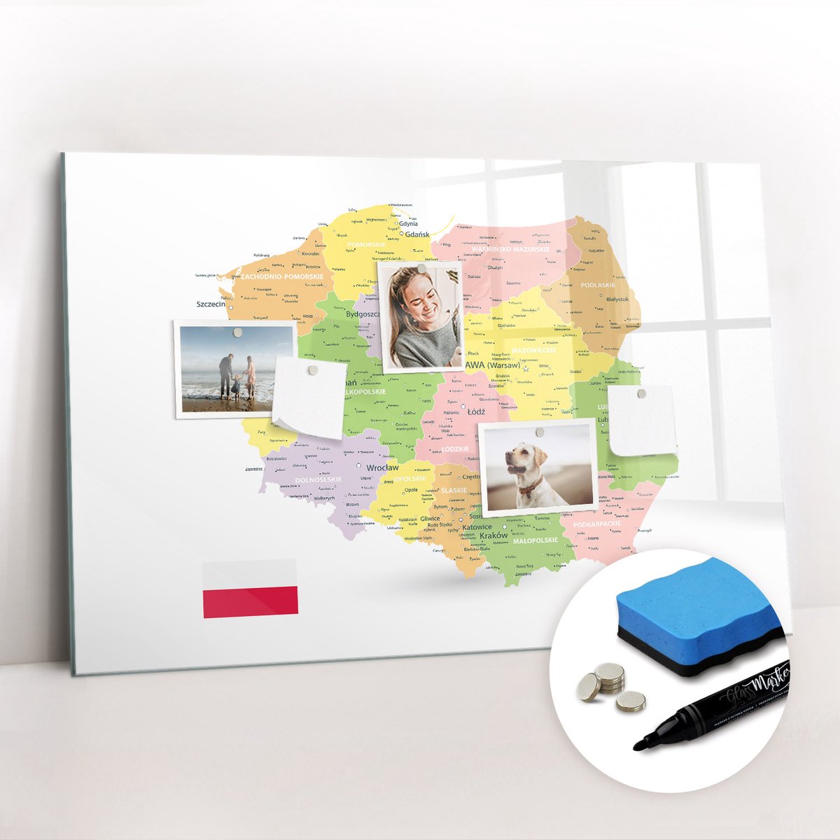 Tulup Whitebord - Kaart van Polen - 90 x 60 cm - Veelkleurig Memo Bord - Gratis 5 Sterke Magneten + Whiteboard Marker & Wisser - Design Memobord - Foto Magneetbord - Ideeënbord Thuiswerkplek