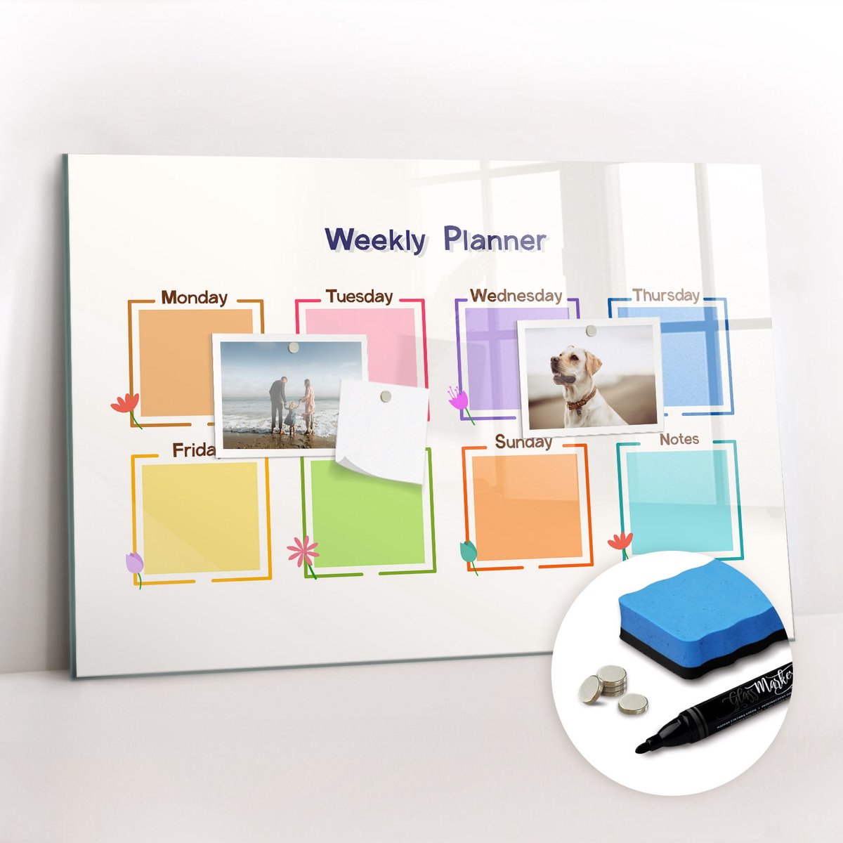 Tulup Whitebord - Weekplanner - 60 x 40 cm - Veelkleurig Magneetbord Design - Gratis 5 Sterke Magneten + Whiteboard Marker & Wisser - Moderne Wanddecoratie - Magneetbord Keuken - Notitiebord Werkplek