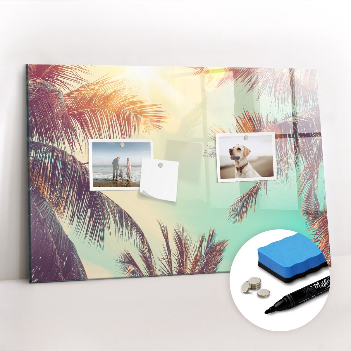 Tulup Whitebord - Tropische palmbomen - 60 x 40 cm - Veelkleurig Magneetbord Design - Gratis 5 Sterke Magneten + Whiteboard Marker & Wisser - Minimalistisch Prikbord - Magnetic Board - Notitiebord Werkplek