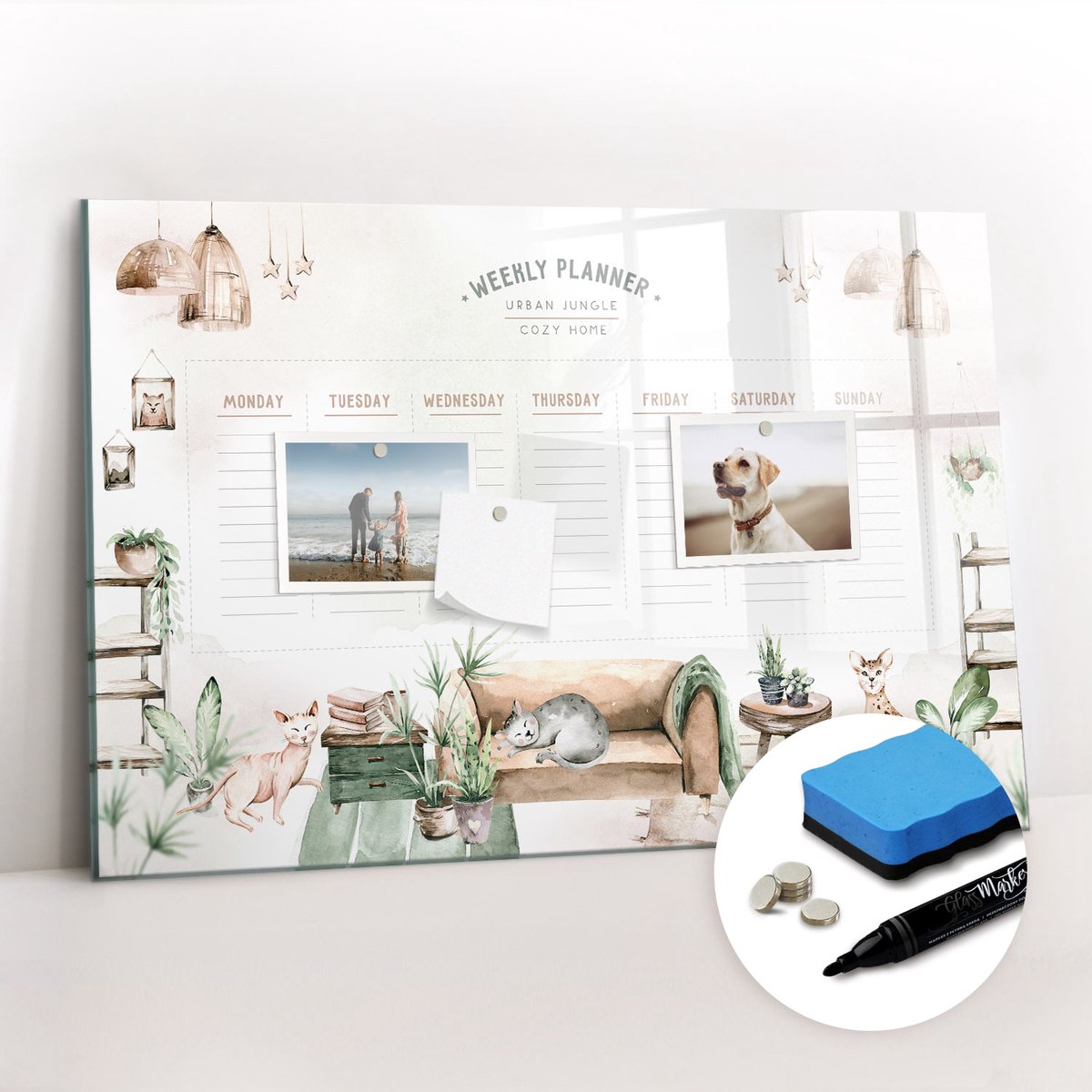 Tulup Whitebord - Gezellige Huisplanner - 60 x 40 cm - Veelkleurig Memo Magneetbord - Gratis 5 Sterke Magneten + Whiteboard Marker & Wisser - Moderne Wanddecoratie - Magnetisch Bord Kind - Notitiebord Werkplek