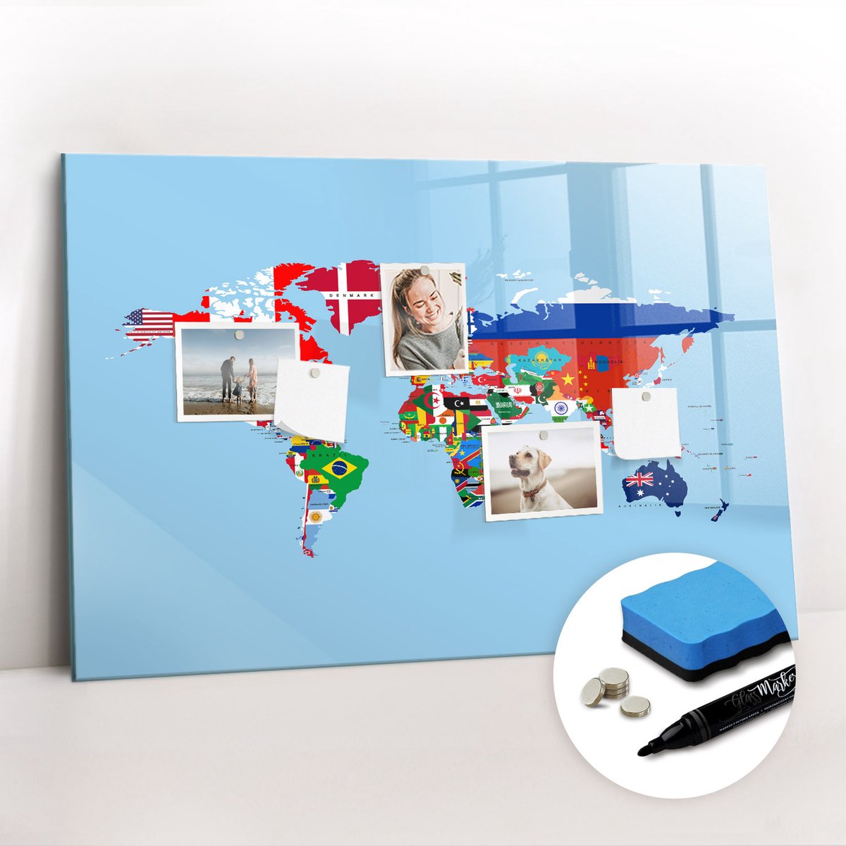 Tulup Whitebord - Vlaggenkaart - 90 x 60 cm - Veelkleurig Magneetbord Keuken - Gratis 5 Sterke Magneten + Whiteboard Marker & Wisser - Decoratief Magnetisch Bord - Magnetic Board - Productiviteit Tools