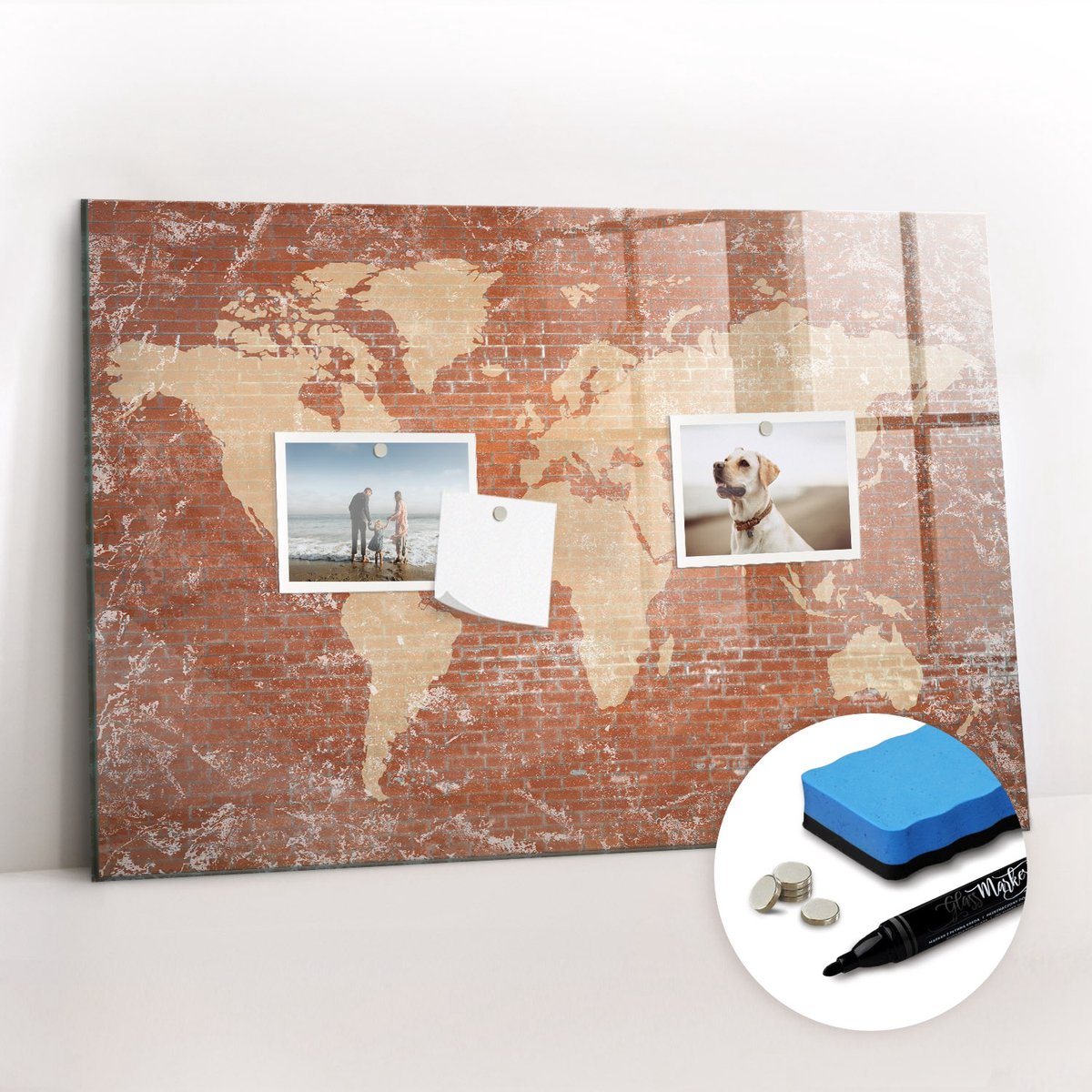 Tulup Whitebord - Wereldkaart op baksteen - 60 x 40 cm - Bruin Magnet Board - Gratis 5 Sterke Magneten + Whiteboard Marker & Wisser - Stylish Memo Board - Magneetbord Keuken - Organiseer Je Bureau