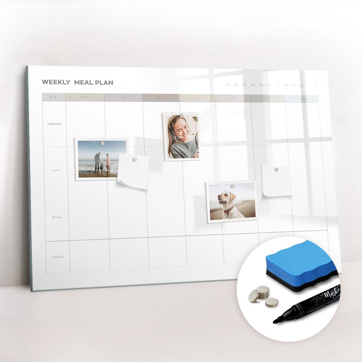 Tulup Whitebord - Minimalistisch menu - 90 x 60 cm - Beige Magnetic Board - Gratis 5 Sterke Magneten + Whiteboard Marker & Wisser - Decoratief Magnetisch Bord - Memobord Glas - Productiviteit Tools