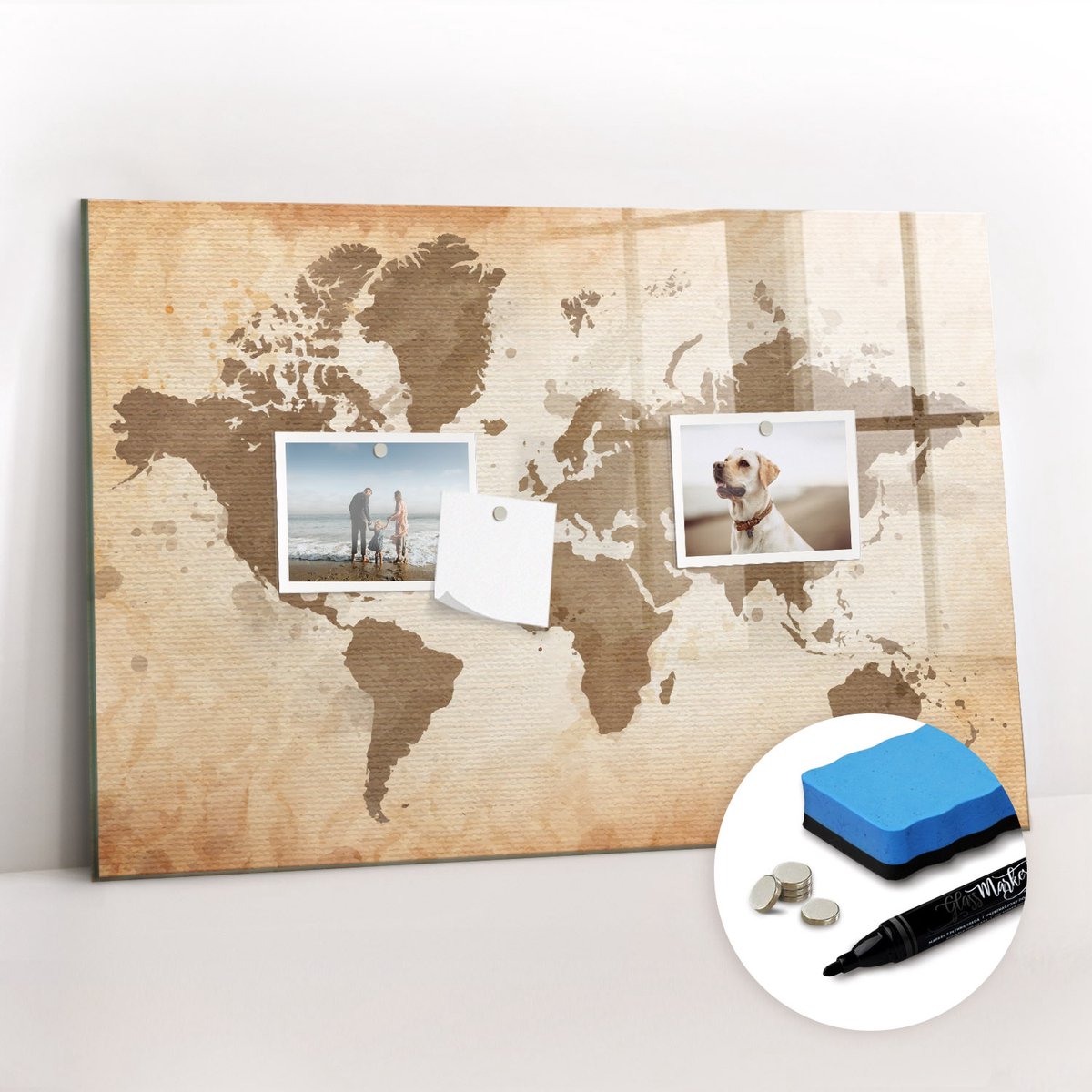 Tulup Whitebord - Artistieke wereldkaart - 60 x 40 cm - Bruin Magneetbord Design - Gratis 5 Sterke Magneten + Whiteboard Marker & Wisser - Design Memobord - Magnetisch Memobord - Ideeënbord Thuiswerkplek