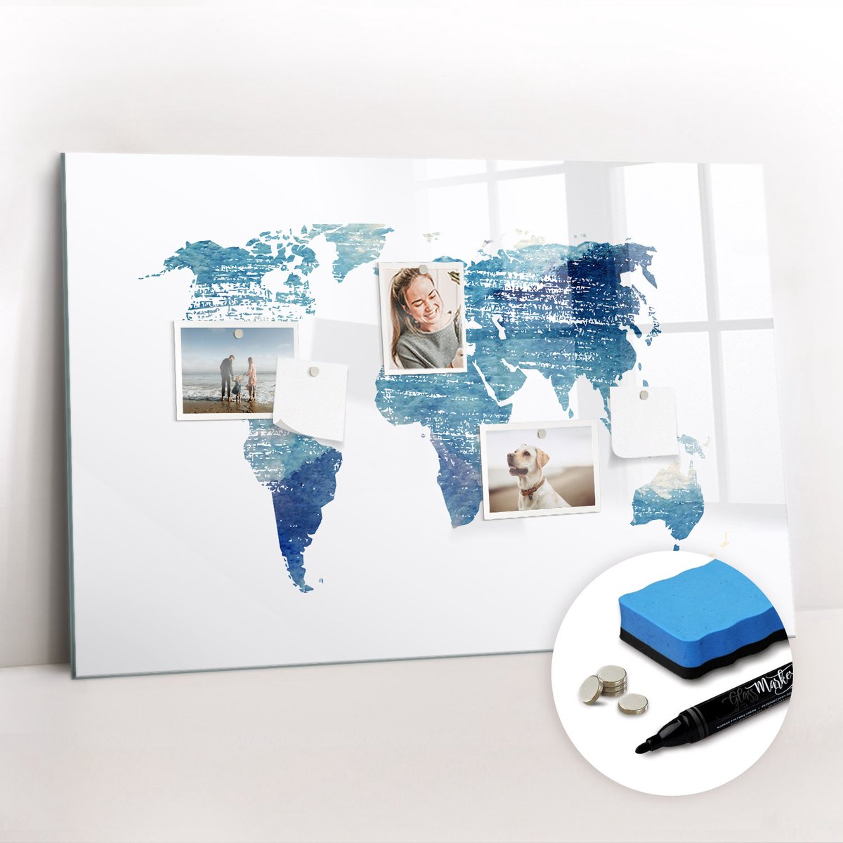 Tulup Whitebord - Moderne wereldkaart - 90 x 60 cm - Blauw Magnetisch Memobord - Gratis 5 Sterke Magneten + Whiteboard Marker & Wisser - Decoratief Magnetisch Bord - Memo Magneetbord - Ideeënbord Thuiswerkplek