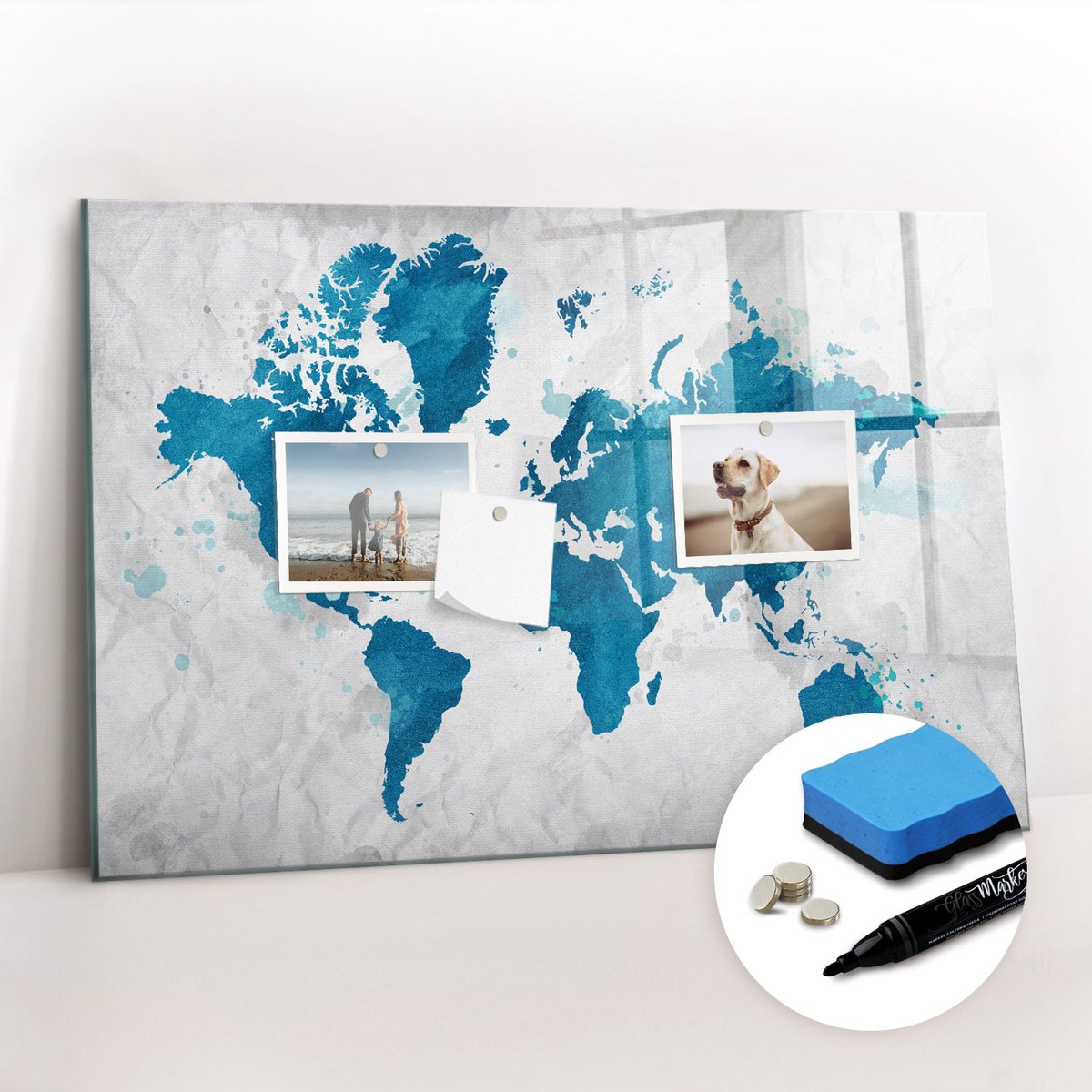 Tulup Whitebord - Wandatlas van de wereld - 60 x 40 cm - Blauw Magneetbord Design - Gratis 5 Sterke Magneten + Whiteboard Marker & Wisser - Stylish Memo Board - Memobord Glas - Planning Muur