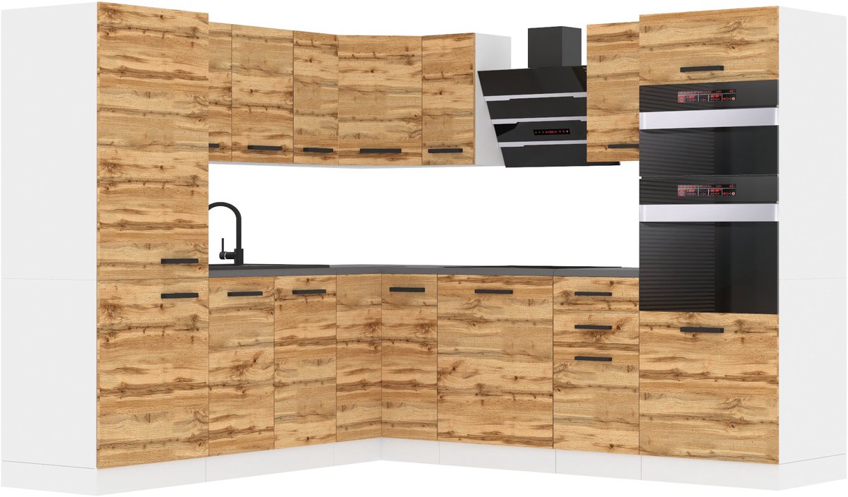 BELINI L-Vorm Keukenblok STACY - Keukenmeubel Set 420 cm Wotan Eiken met Werkbladen - Boven- en Onderkasten