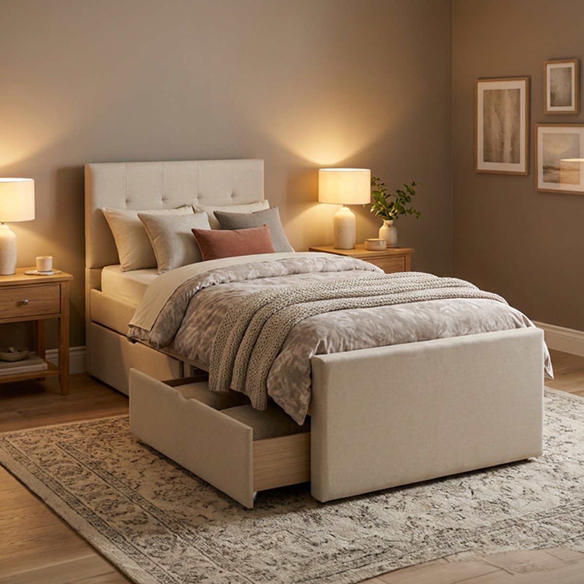 Homestyle4u Eenpersoonsbed - 90x200 cm - Gestoffeerd bed - met 2 bedbakken - Beige