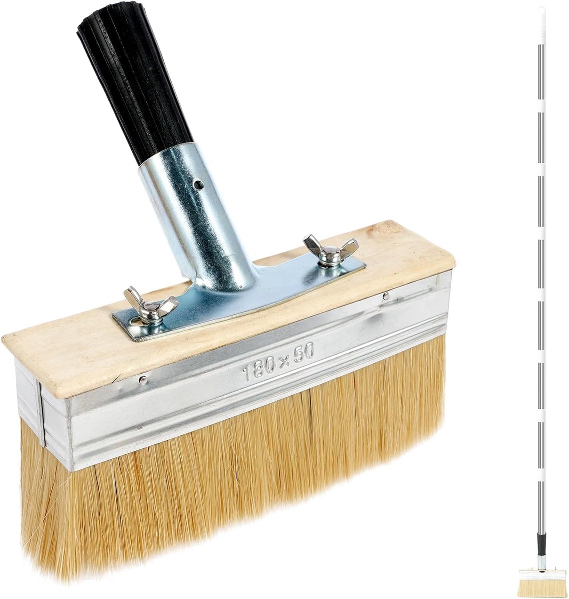 kwast met telescoopstang, 170 cm, behangborstel, breed, met 8-delige steel en connector, plafondborstel, kwast, natuurlijke haren, lang werkbereik voor terrassen, hekken en muren (180 mm