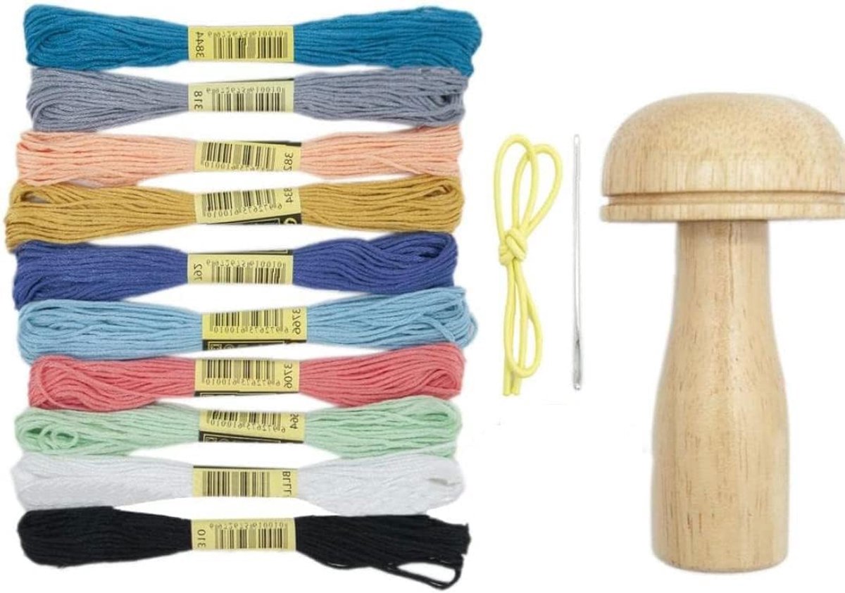 Stopverf-kits met 10 stuks Kleurdraden Houten Gereedschap met Sterk Handvat & Geleidelijke Kromming voor Stoppen van Sokken, Truien, Broeken, Petten, Sjaals