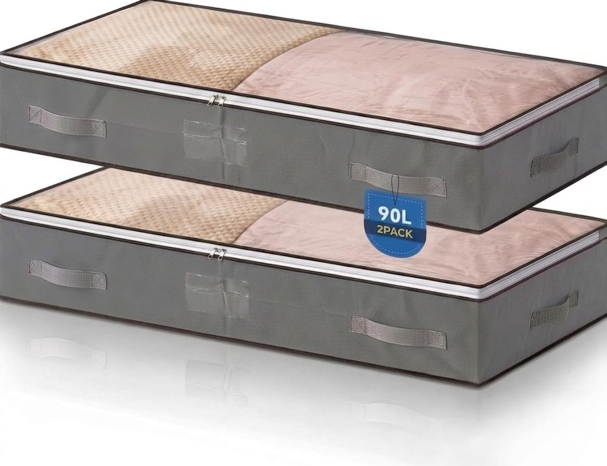 Opbergdozen, 2 Stuks, 90L, Grijs | Opvouwbaar, Met Deksels, Doorzichtige Raam, Versterkte Handgrepen, Voor Kleding, Dekbedden, Schoenen, Dekens