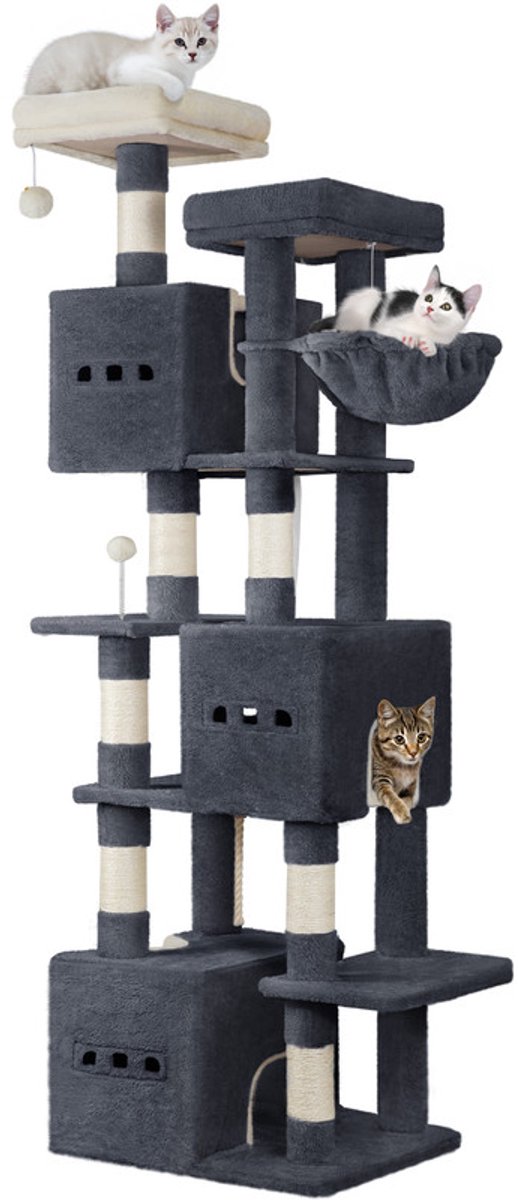Hzuaneri 193 cm Hoge Kattenklimpaal, Moderne Kattenboom, met 7 Lagen, 2 Uitkijkplatforms, 3 Grotten, 2 Kattenmanden, en Speeltjes Sisal, Donkergrijs, Grote kattentoren voor binnen katten, 7 krabpalen, 1 mand, pompons, wasbaar kussen