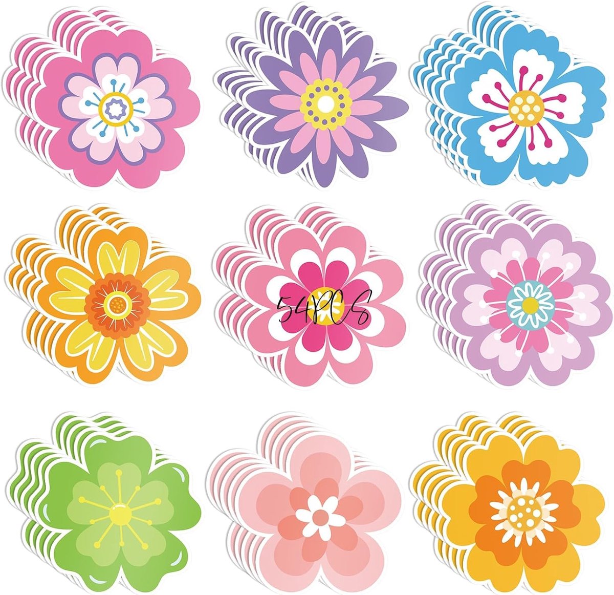 Papieren bloemen cutouts - kleurrijke bloemvormen - dubbelzijdig bedrukt - perfect voor klaslokalen - ShopVlot