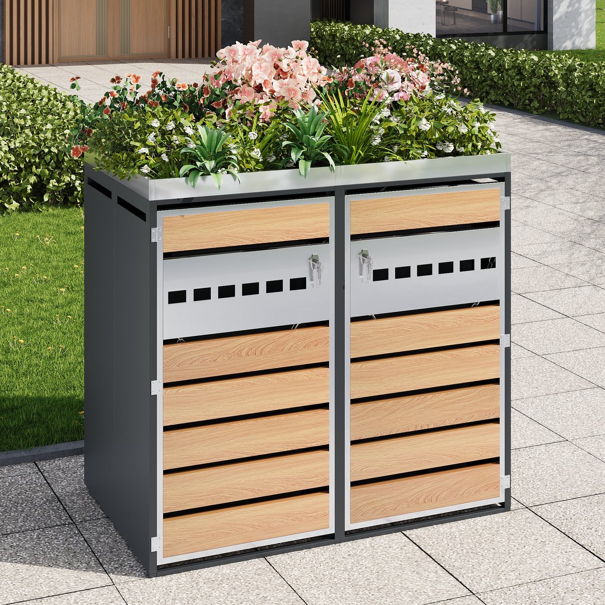 Mülltonnenbox Met Pflanzgefäß – Afsluitbaar – 132 X 80 X 124,5 Cm – Verzinkt Staal – Grijs En Houtlook – Buitenopslag Met Beluchting