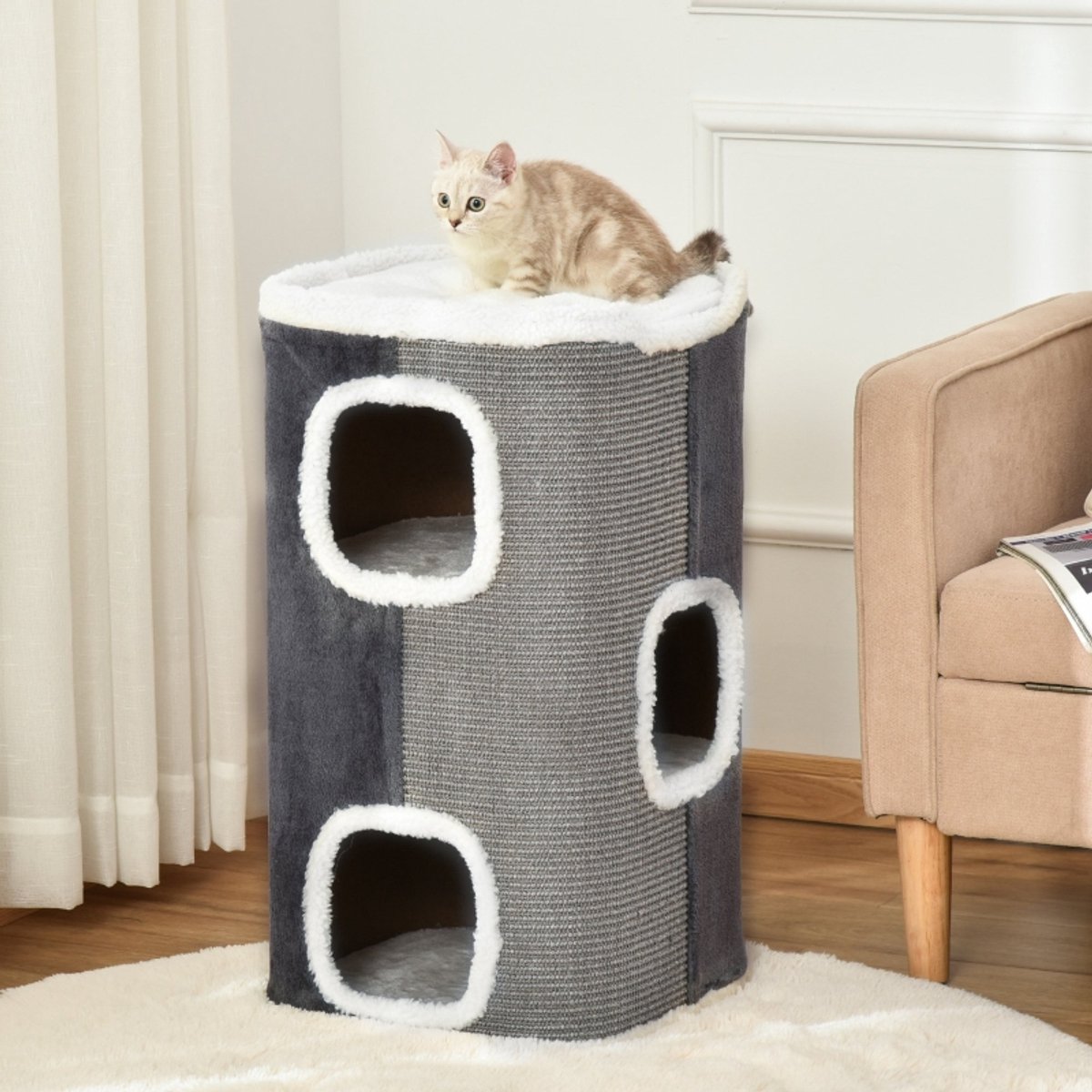 DESMIU Krabton – 3 Niveaus – 40 x 40 x 74 cm – Spanplaat, Polyester en Sisal – Grijs en Wit – Krabben, Rusten en Spelen