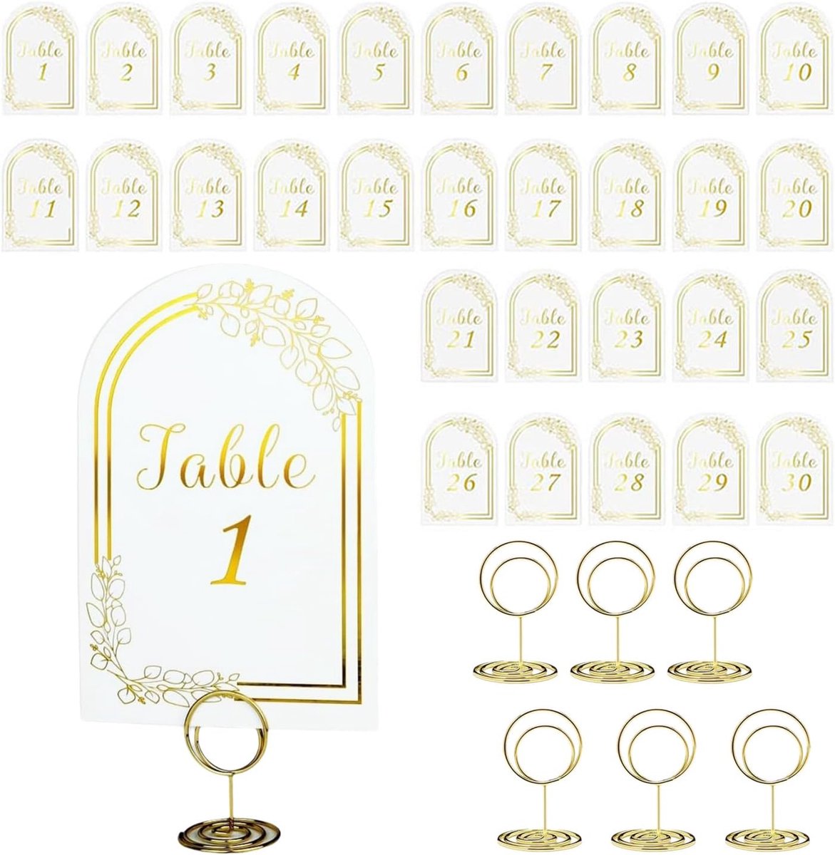 Lot of 30 gold wedding table numbers, from 1 to 30, with metal table card holders, for weddings, birthday parties. - ShopVlot