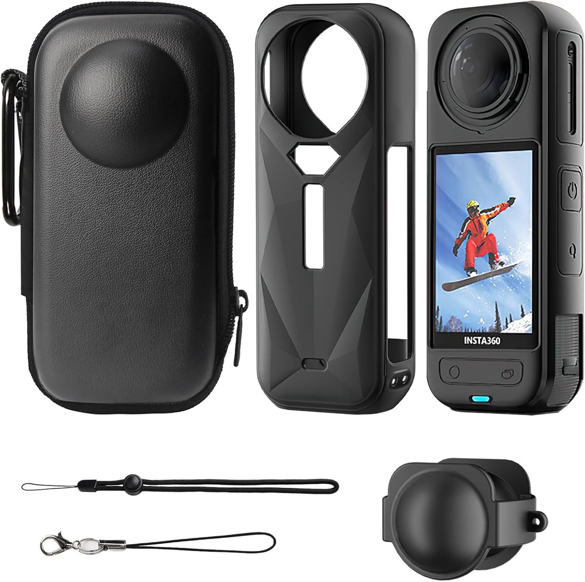 Silicone Case & Bag Set for Insta360 X5/X4 - PU Leather Hard Shell Carrying Case, Silicone Protective Case, Lens Cap - ShopVlot