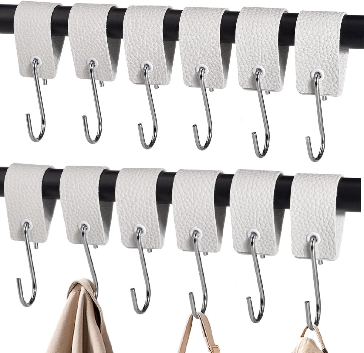 SnelShoppen - 12 Stuks S-Haak met Leren Lus, RVS Kledinghangers voor Jas, Handdoek, Keuken, Badkamer, Camping, Wit