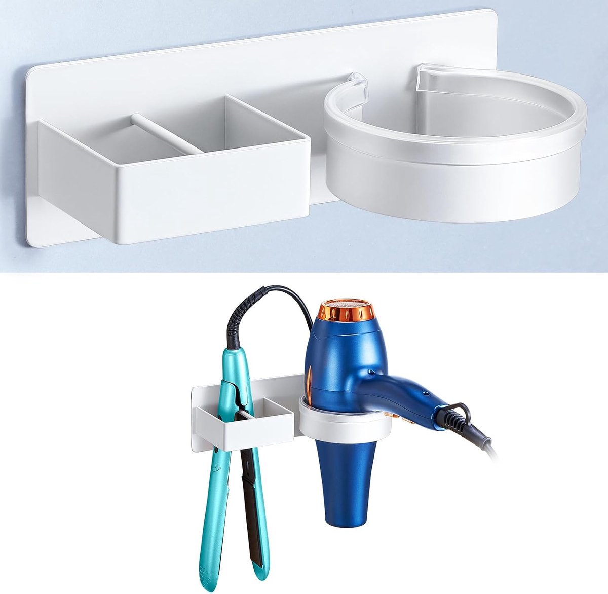 SnelShoppen - Haar Föhn Houder Zonder Boren, Wandhouder voor Föhn en Steilapparaat, Zelfklevende Badkamer Accessoire, Wit, Modern Design, Duurzaam en
