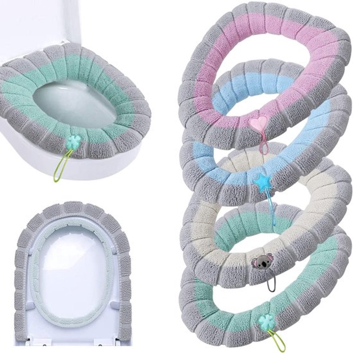 Toiletbrilhoes/toiletbrilringhoes/toiletbrilhoes - 4-delige set in groen, grijs, blauw en roze.