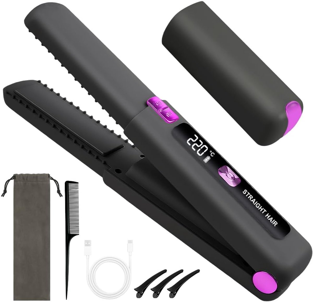 Draadloze stijltangen, 2-in-1 stijltang en krultang met USB-opladen, 6 instelbare temperatuur en LED-scherm, draagbare mini-krultang voor op reis (Zwart buskruit)