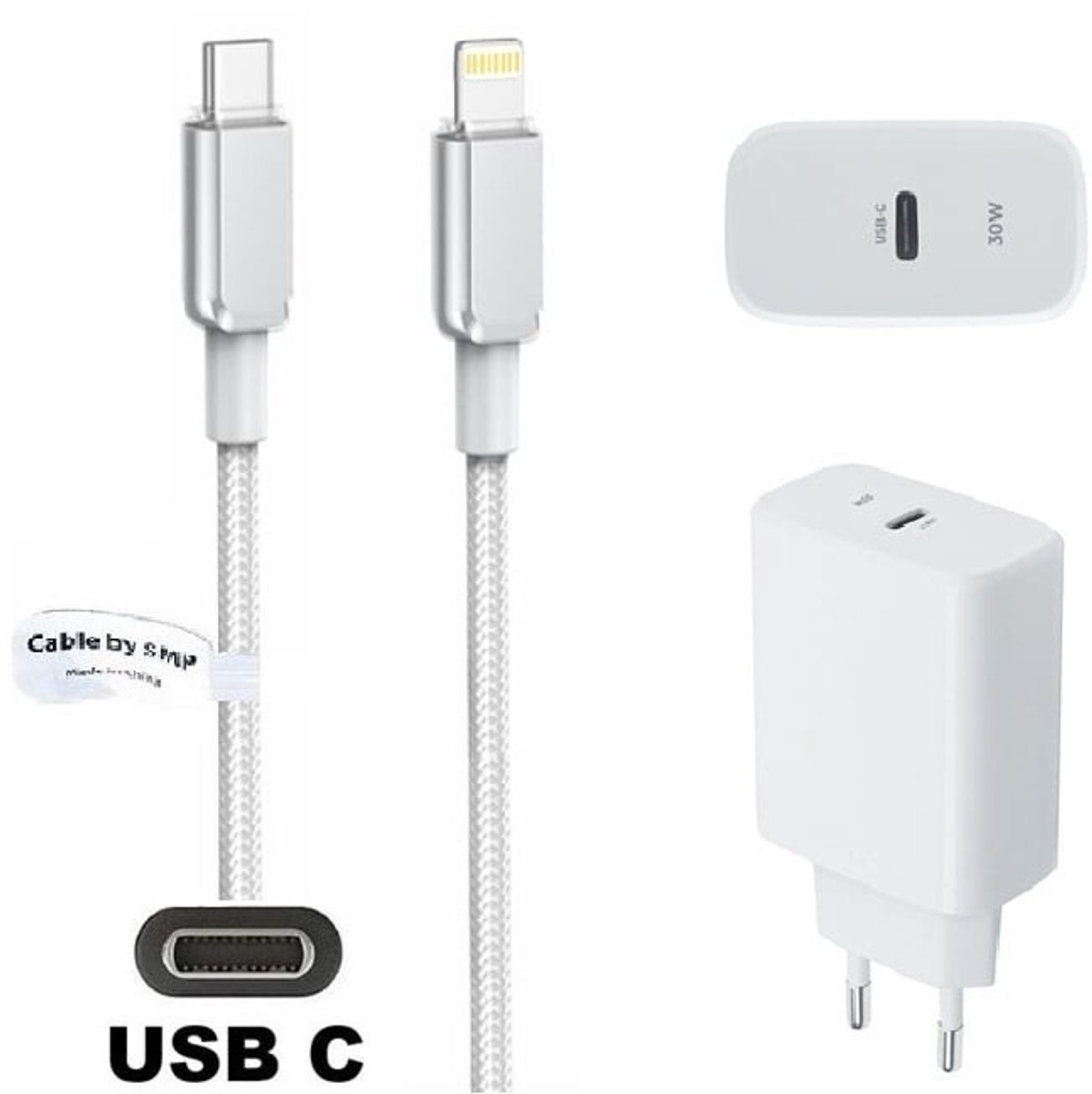 OneOne 30W super snellader en screenprotector van glas voor iPhone 12 Pro + 0,9m USB C naar Lightning kabel. PD lader. Universele oplader adapter. Glazen screenprotector past op Apple iPhone 12 Pro