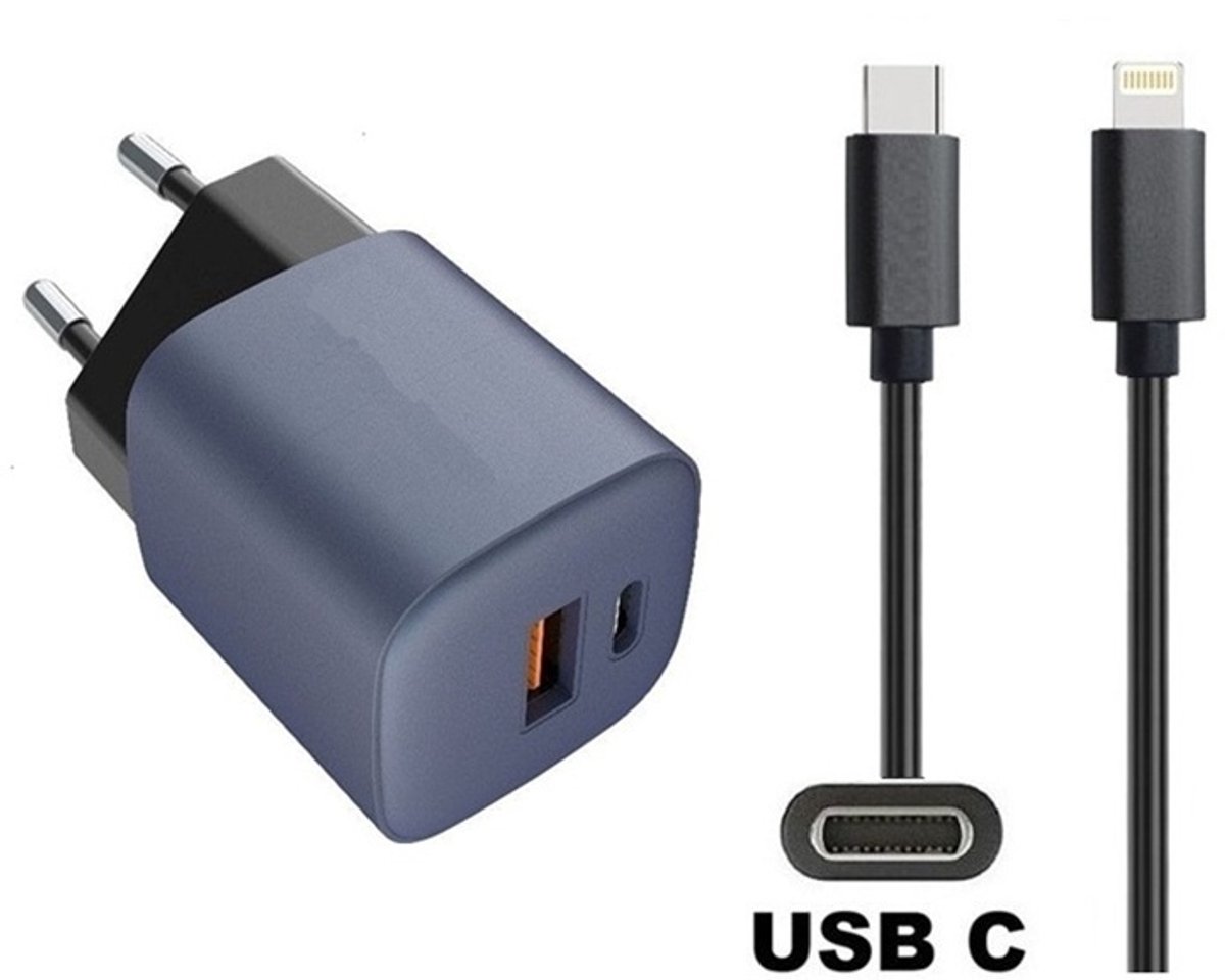 33W super snellader met 2 poorten en screenprotector + 1,0m sterke USB C naar Lightning kabel. GaN lader. PD PPS oplader adapter. Glazen screenprotector past op Apple iPhone 13 Pro Max & iPhone 14 Plus