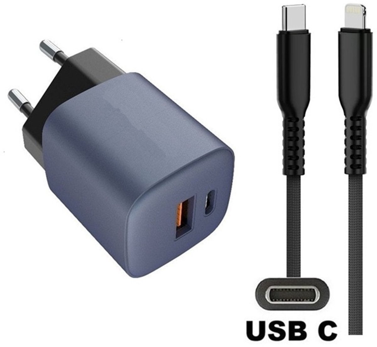 33W super snellader met 2 poorten en screenprotector + 0,5m sterke USB C naar Lightning kabel. GaN lader. PD PPS oplader adapter. Glazen screenprotector past op Apple iPhone 13 Pro Max & iPhone 14 Plus