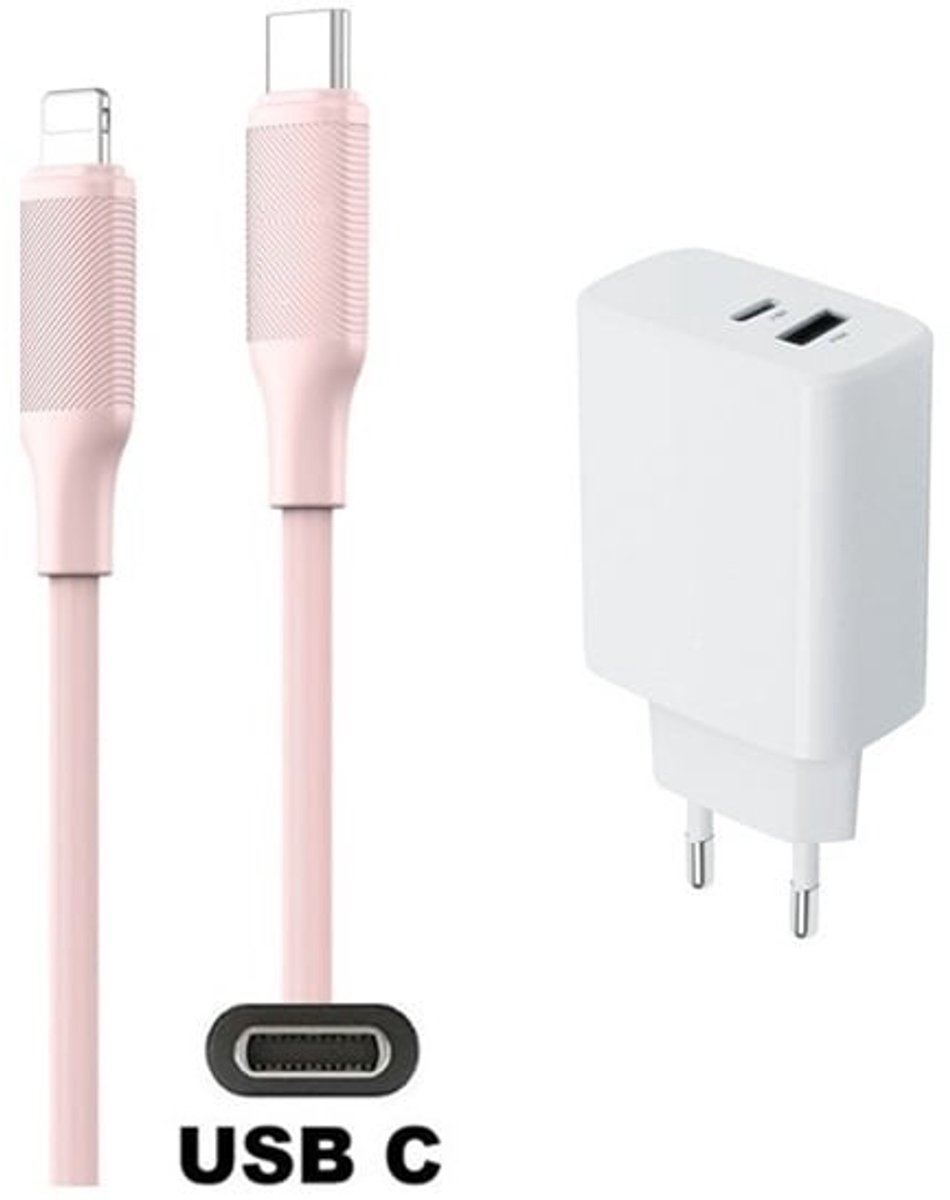 25W super snellader met 2 poorten en screenprotector + 1,0m USB C naar Lightning kabel. PD lader. Universele oplader adapter. Glazen screenprotector past op Apple iPhone 13 Pro Max & iPhone 14 Plus