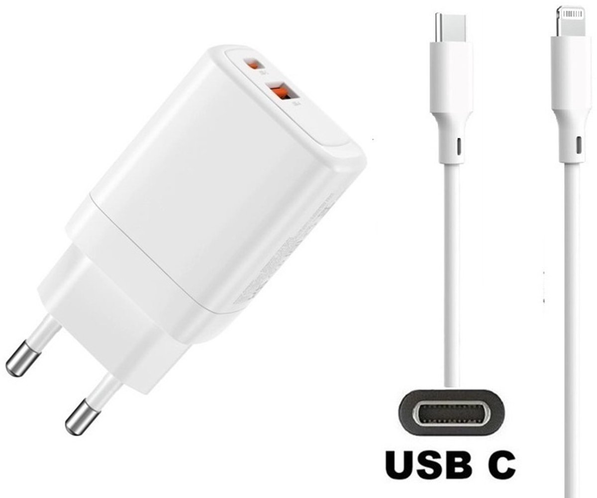 45W super snellader met 2 poorten en screenprotector + 1,5m USB C naar Lightning kabel. PD lader. Universele oplader adapter. Glazen screenprotector past op Apple iPhone 13 Pro Max & iPhone 14 Plus