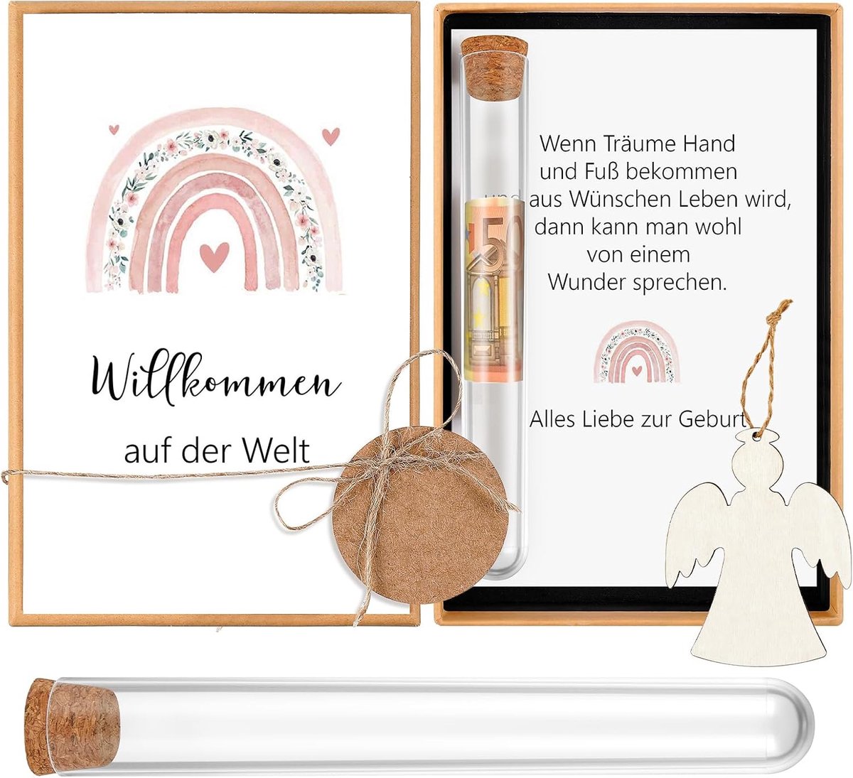 Cadeaus Voor Geboorte Geldgeschenk Voor de Geboorte Van Meisjes en Jongens Geboortecadeau Met Reageerbuisjes Houten Engel Geboortekaart Cadeau Voor Een Babyshower-Verjaardagsfeestje