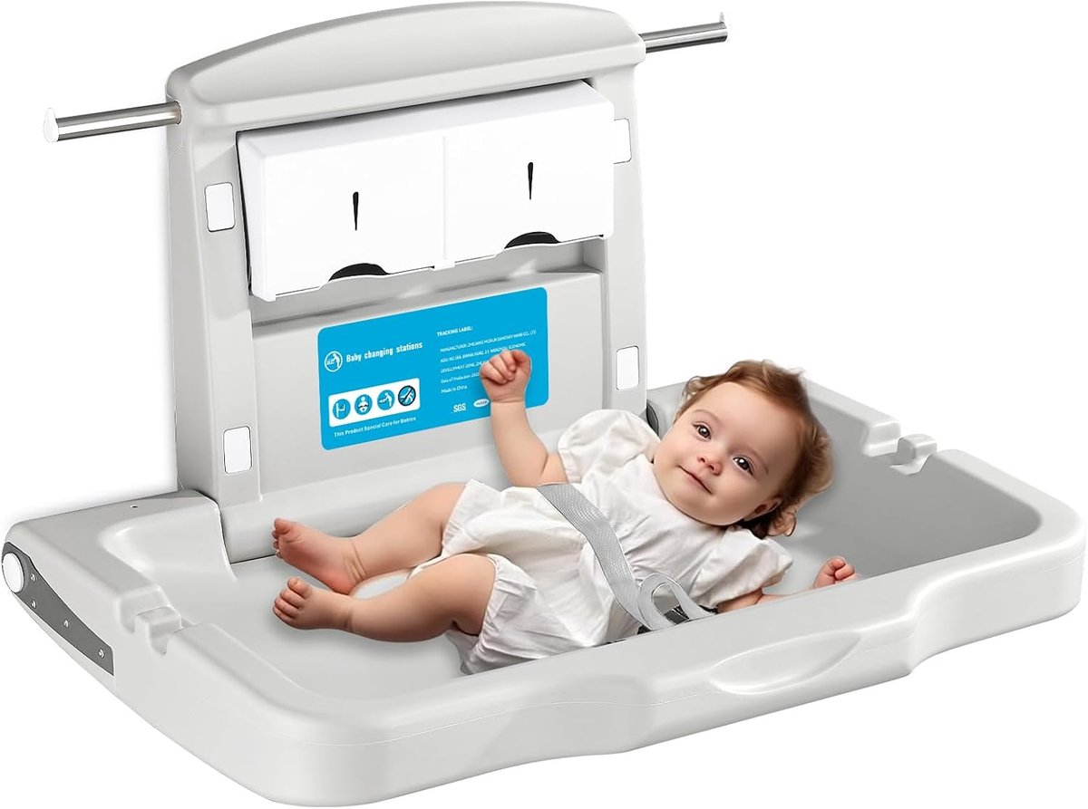 Wandgemonteerde Luiertafel Opvouwbare Luiercommode Commerciële Toiletten Horizontaal HDPE Materiaal met Veiligheidsgordel Wit Grijs