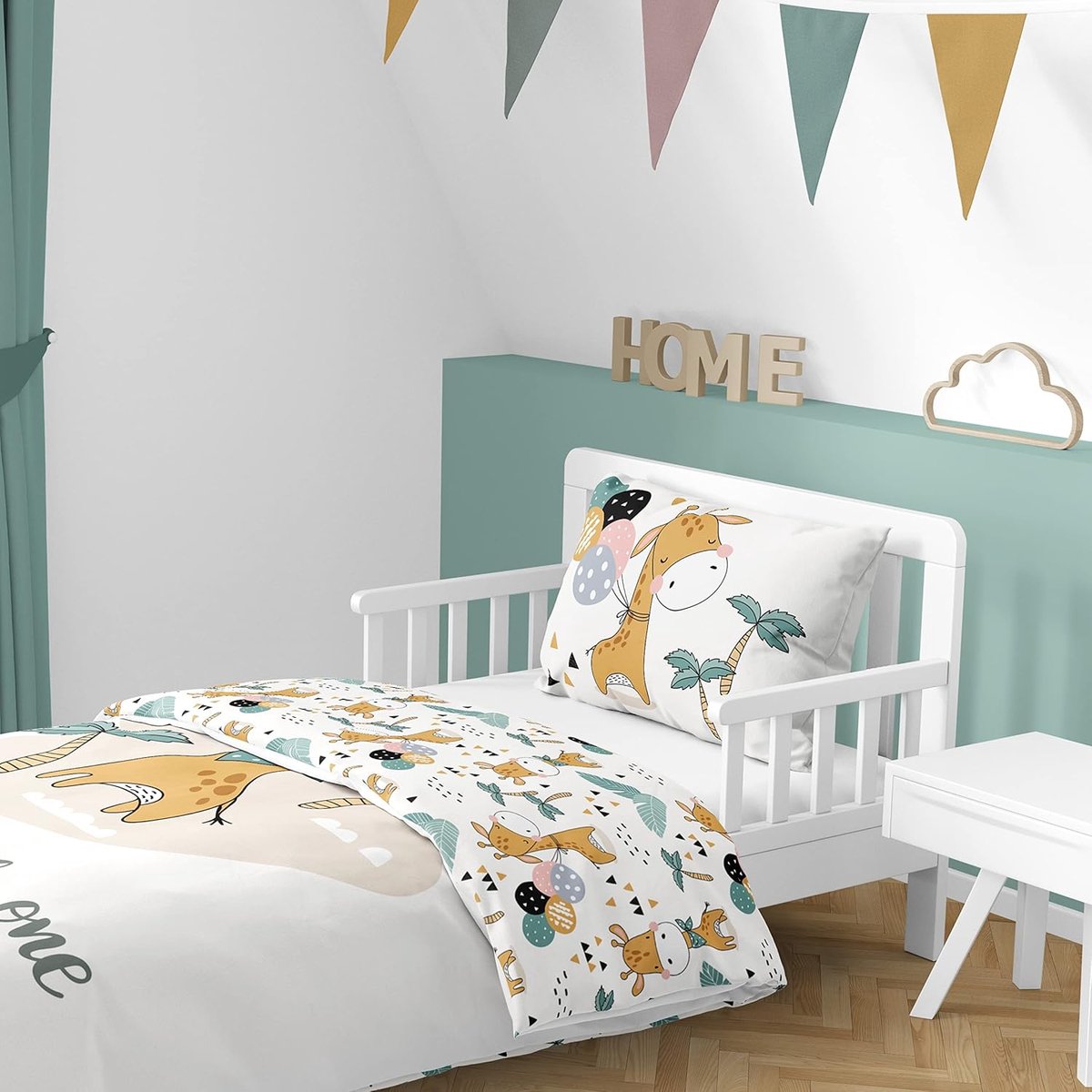 Kinderbeddengoed 100 x 135 cm, 40 x 60 cm, van 100% katoen, dierentuindieren, safari giraf, beddengoed voor meisjes en jongens, babybeddengoed (giraffe)