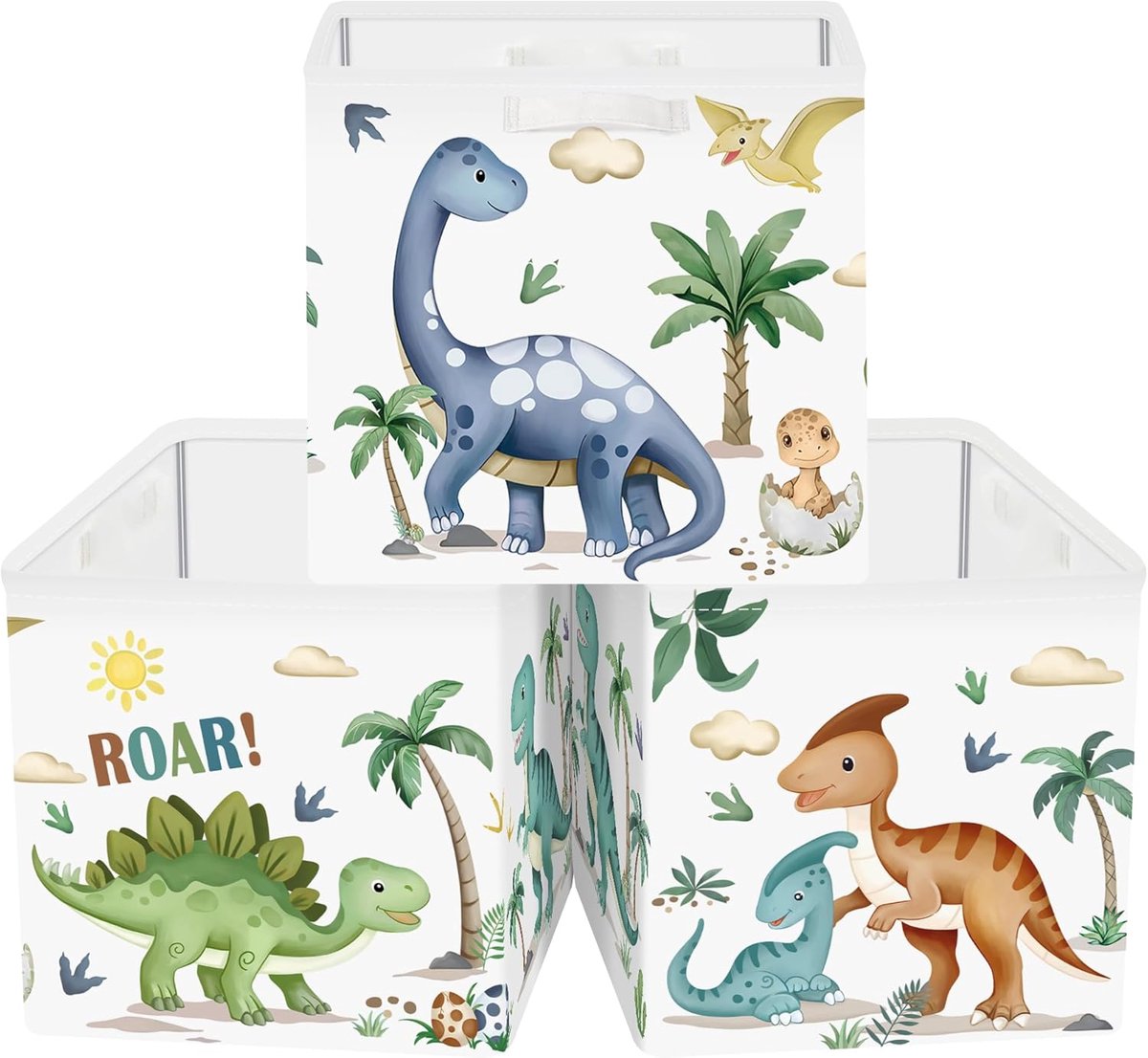 Set van 3 Opbergdozen Dinosaurus Opbergkubussen voor Kast Kleding Mand Speelgoedkist en Boeken voor Woonkamer Slaapkamer, Palmen, 30x30x30 cm