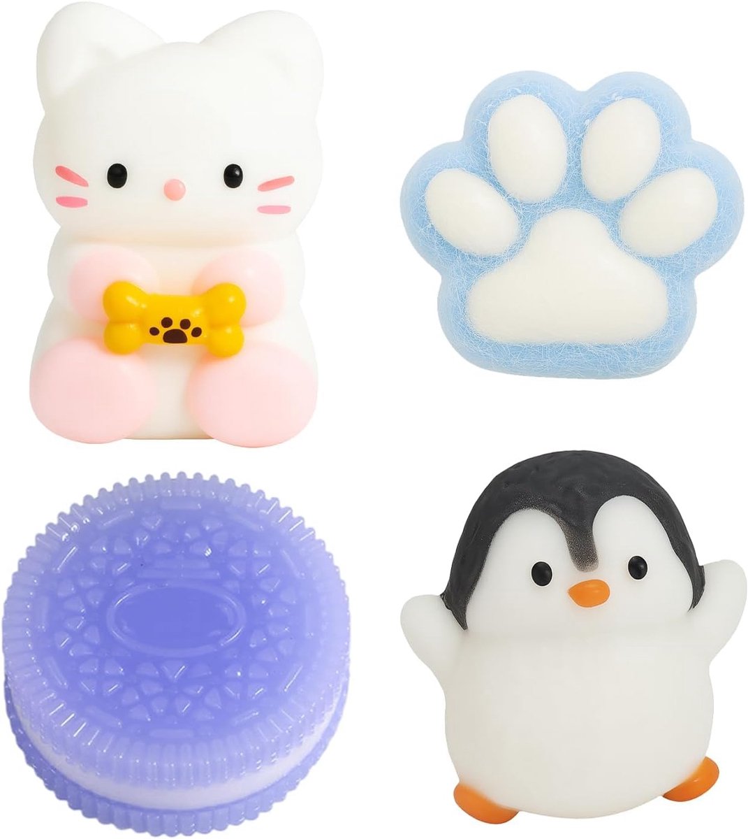 4-delige Taba Squishy Set – Paarse Sandwich Koekje + Blauwe Kattenpoot + Zwart & Wit Pinguïn + Witte Kitten | Knijpbaar Fidget Speelgoed voor Stressverlichting | voor Feestgunsten & Dagelijkse