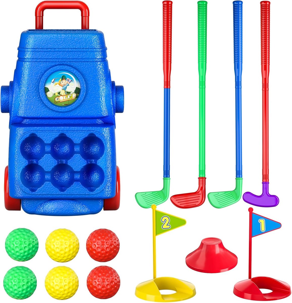 Golfspeelgoedset - golfkoffer voor kinderen, speelset en sportspeelgoed met 6 speelballen, 4 golfclubs, 2 oefengaten, speelgoed voor binnen en buiten voor 2, 3, 4, 5 jaar oud, jongens en