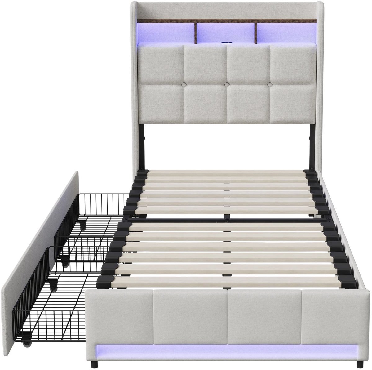 Happiq Gestoffeerd Eenpersoonsbed Beige - LED - 90 x 200 Cm - Bed met 4 Opberglades, Hoofdbord met Opbergruimte - voor Slaapkamer Volwassenen Koppels