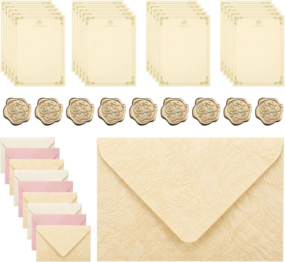 Briefpapierset en enveloppen, 20 vellen A5, vintage met rozenmotief, 9 enveloppen + 9 wasstempels, voor liefdesbrieven, bruiloft, verjaardag en wenskaarten, roze/wit/geel