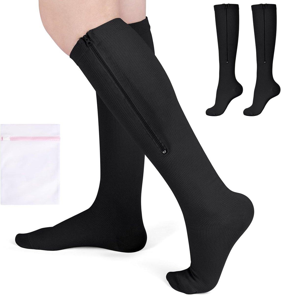 Sokken voor mannen en vrouwen, compressiekousen met gesloten teen en ritssluiting voor hardlopen, sport, vliegen, reizen en verpleegkundigen (2XL)